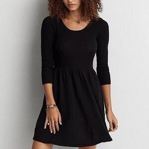 American Eagle Black Knit 3/4 Sleeve Mini Dress